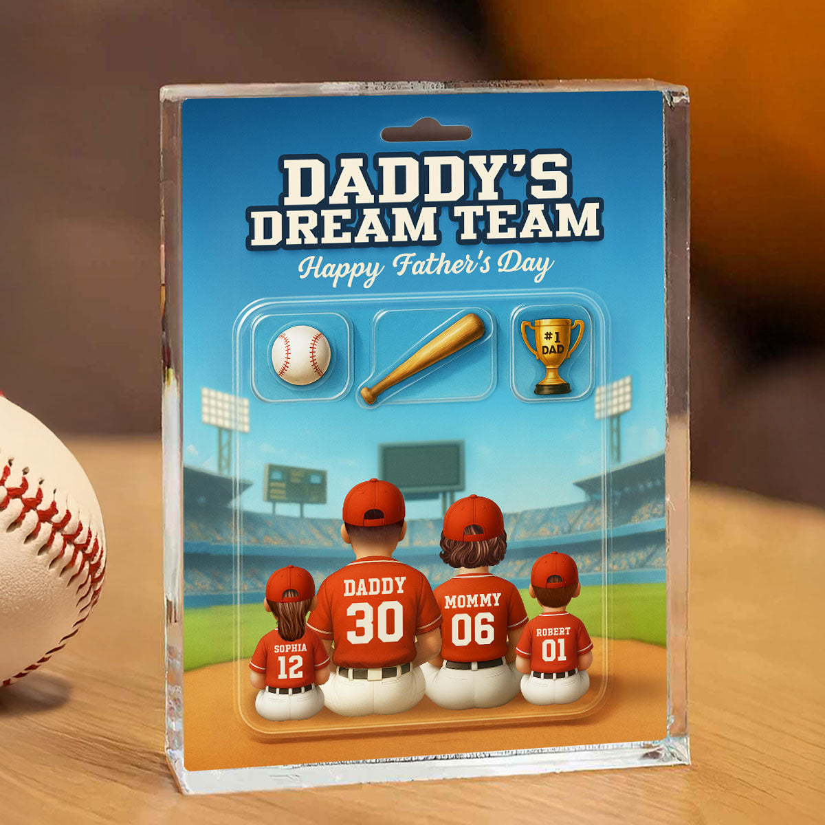 3D Effect Custom Figure Baseball Family Daddy's Dream Team Personalized Flat Acrylic Block Plaque, Unique Father's Day Gift For Dad, Husband