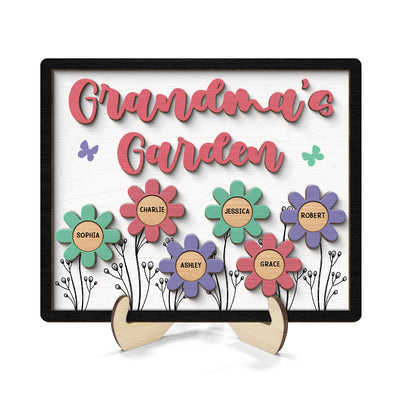 Grandma Mom Garden Colorful Flowers Personalized 2-layer Wooden Plaque