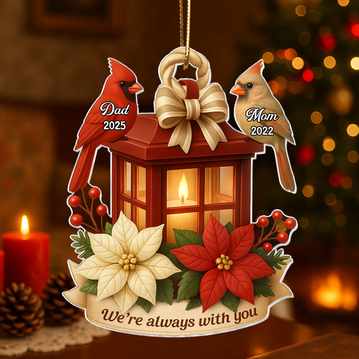 Cardinal On Christmas Lantern 3D Effect Personalized Acrylic Ornament, Meaningful Memorial Symphathy Gift