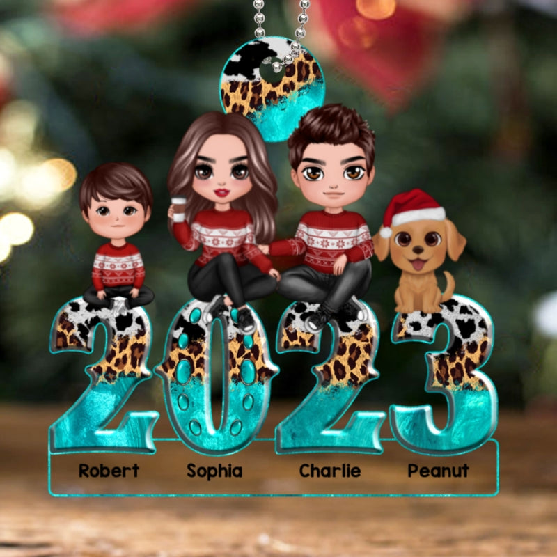 Teal And Leopard 2023 Family Sitting Personalized Acrylic Ornament