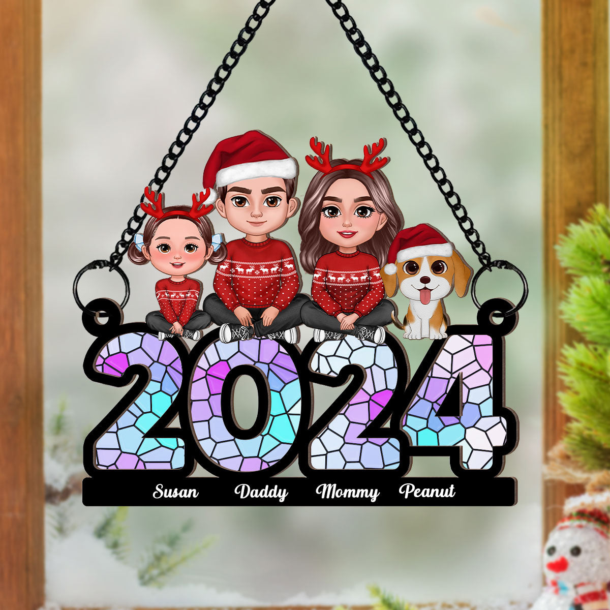 Family Sitting 2024 Personalized Window Hanging Suncatcher Ornament, Christmas Decor