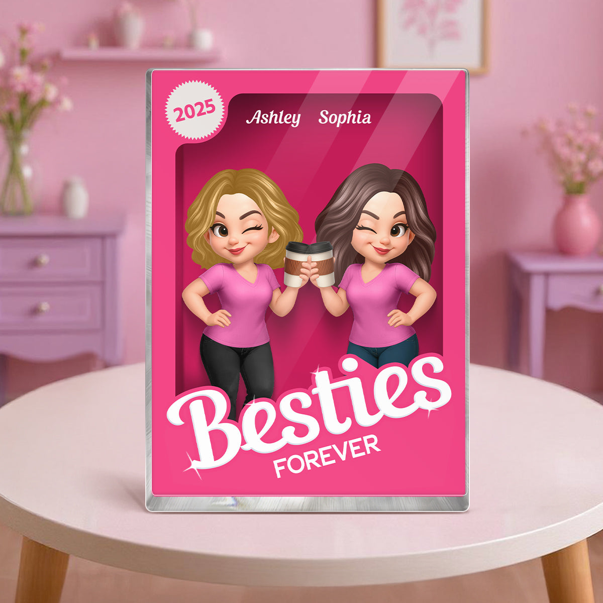 Besties Forever Pink Action Figure 3D Effect Personalized Acrylic Block, Meaningful Gift For Best Friend