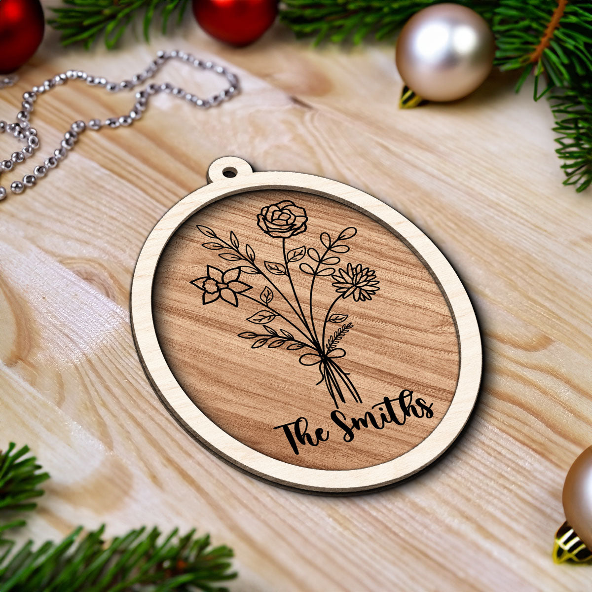 Family Sisters Besties Birth Month Flowers Bouquet Personalized 2-Layer Wooden Ornament, Christmas Gift