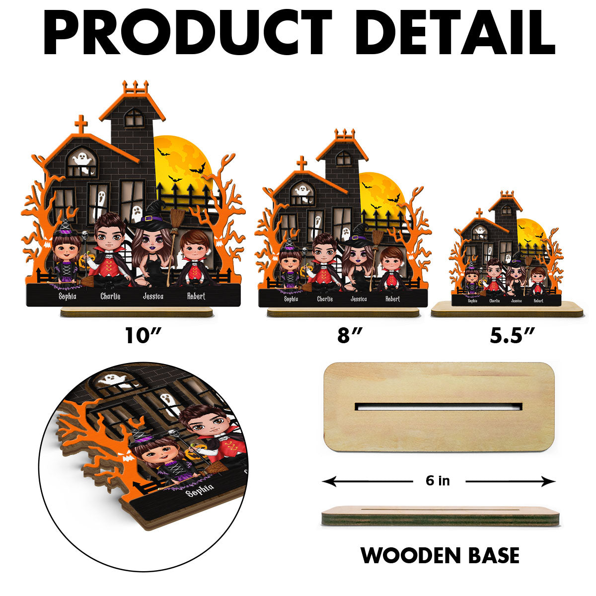 Halloween Family Sitting Haunted House Personalized 2-Layer Standing Wooden Plaque