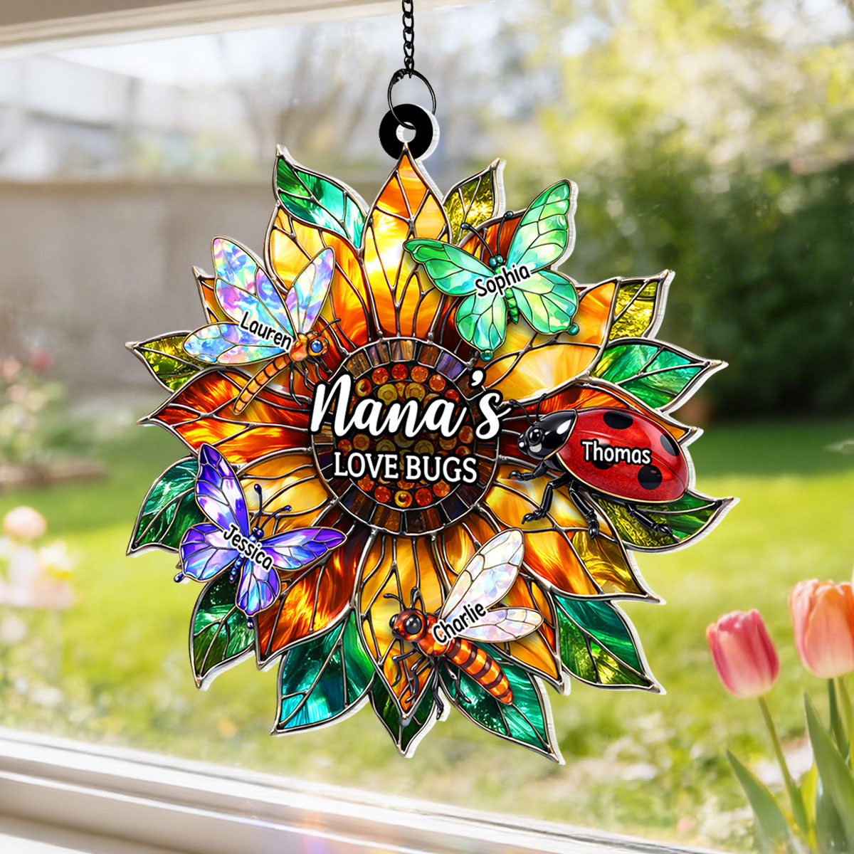 Grandma's Love Bugs Sunflower - Personalized Acrylic Window Hanging - Mother's Day Gift for Mom, Grandma, Wife