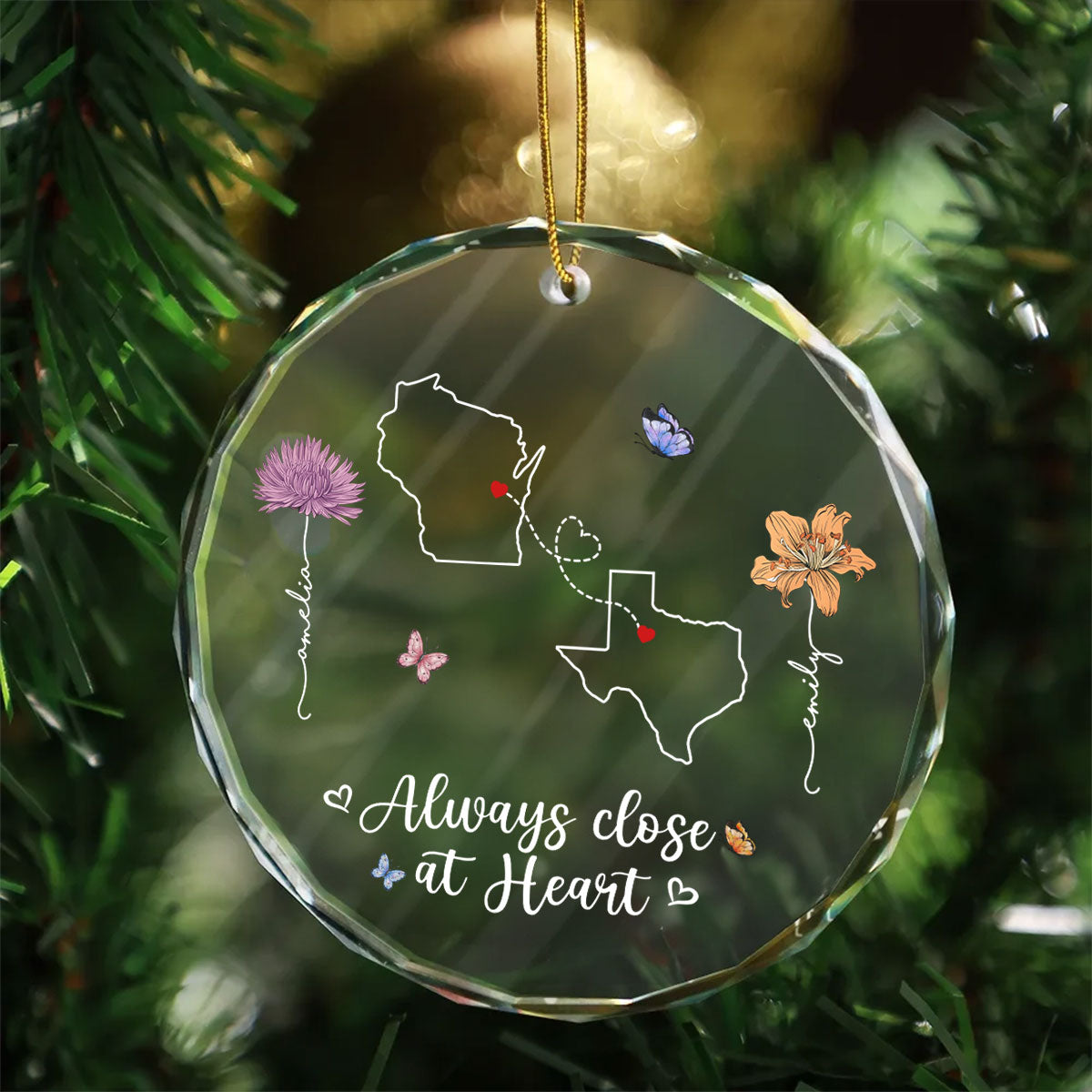 Birth Month Flowers Long Distance Besties Sisters Family Personalized Glass Ornament, Christmas Gift