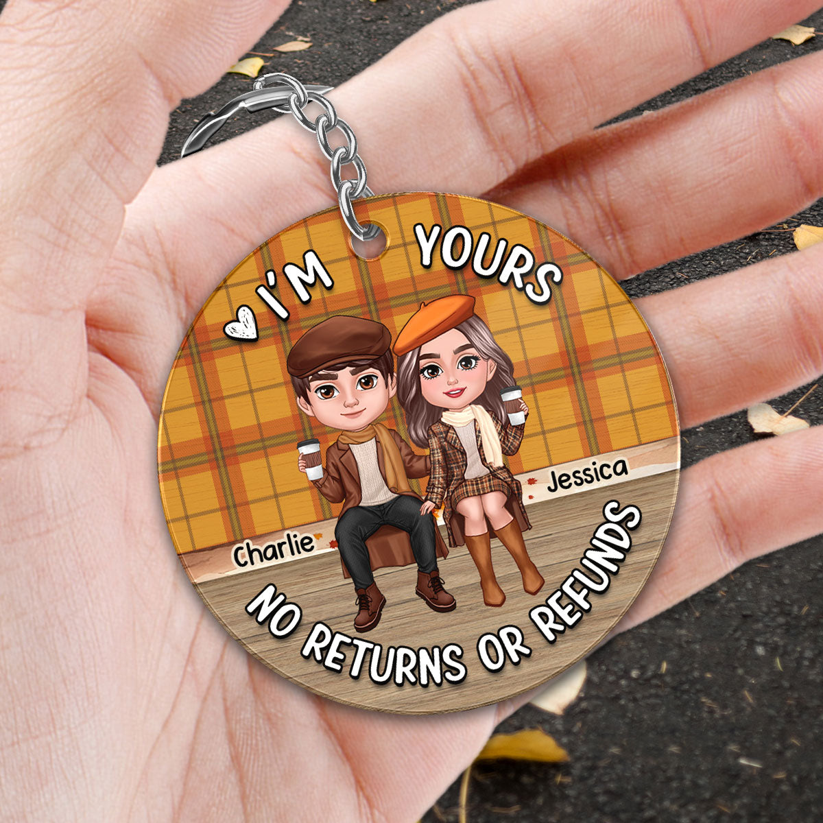 Fall Season Checkered Pattern Couple Sitting Personalized Acrylic Keychain