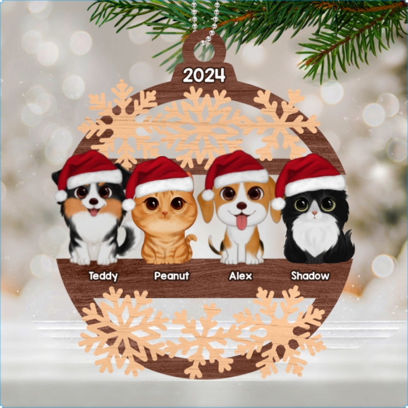 Snowflake Dogs Cats Christmas Sitting Personalized Wooden Ornament
