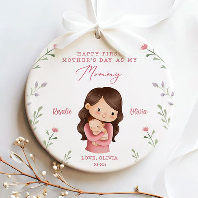 Watercolor Cute Mom Grandma Baby Happy First Mother's Day Personalized Circle Ceramic Ornament