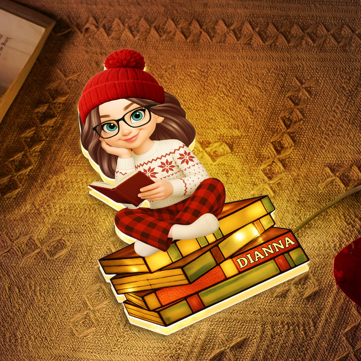 3D Stained Glass Effect Christmas Cozy Vibe Pretty Girl Reading Book - Personalized Light Box