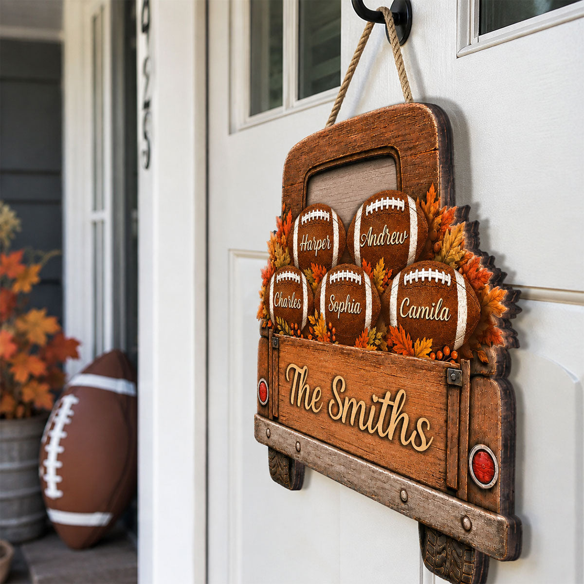 Football Family Truck With Custom Names 2D Flat - Personalized Wood Sign - Fall Season Decor For Football Lovers