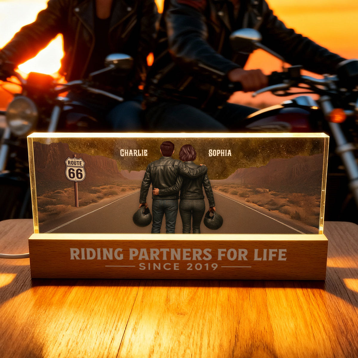 Eternal Love Back View Biker Couple Riding Partners For Life - Personalized Acrylic Block LED Night Light - Heartfelt Valentine's Day Gift, Anniversary Gift For Couple, Bikers, Gift For Him, For Her