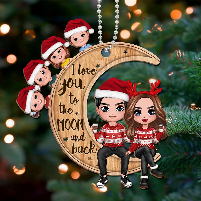 Doll Family On Moon Personalized Wooden Ornament