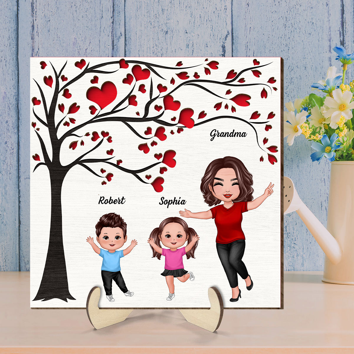 Grandma Grandkids Under Heart Tree Engraved Personalized 2-layer Wooden Plaque