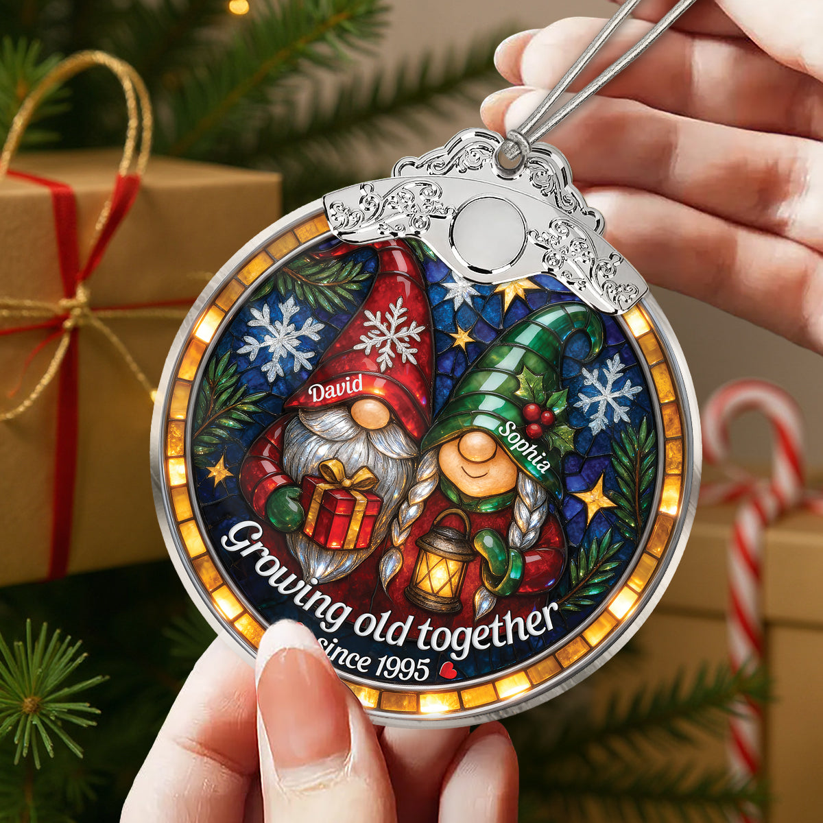 Retro Vintage Gnome Couple Growing Old Together Stained Glass Style - Personalized Glass Ornament With Silver Cap