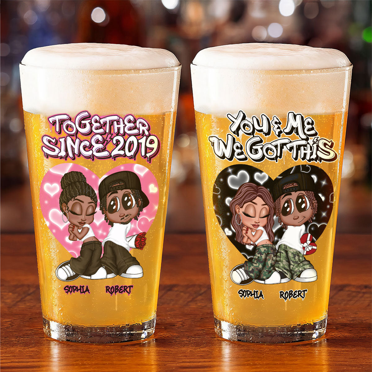 Y2K Couple Airbrushed Personalized Beer Glass, Pint Glass, Gift For Him, Gift For Her