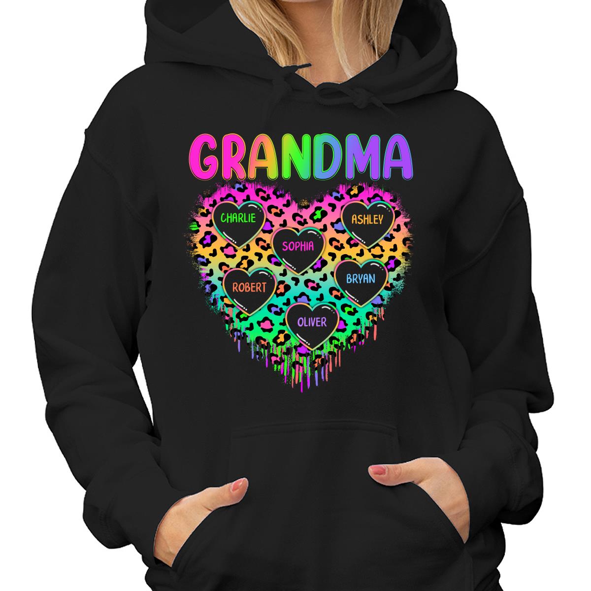 Neon Leopard Grandma Hearts In Hearts Grandkids Names Personalized Shirt