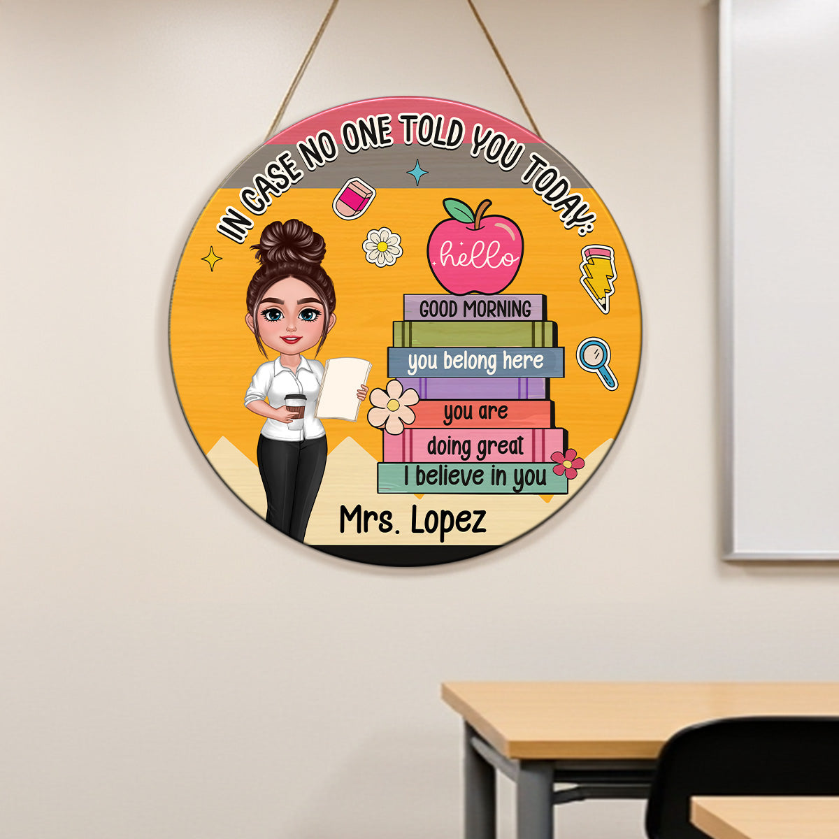 In Case No One Told You Hello I Believe In You Crayon Theme Personalized Door Hanger, Classroom Decorations For Teacher