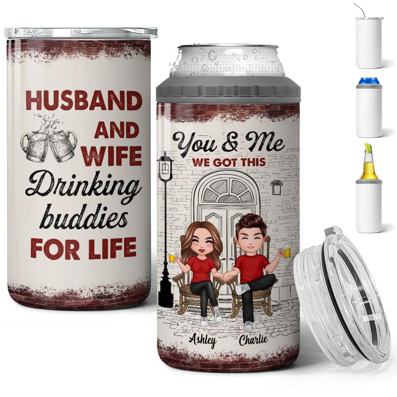 Couple Sitting Front Porch Sketch Personalized 4 In 1 Can Cooler