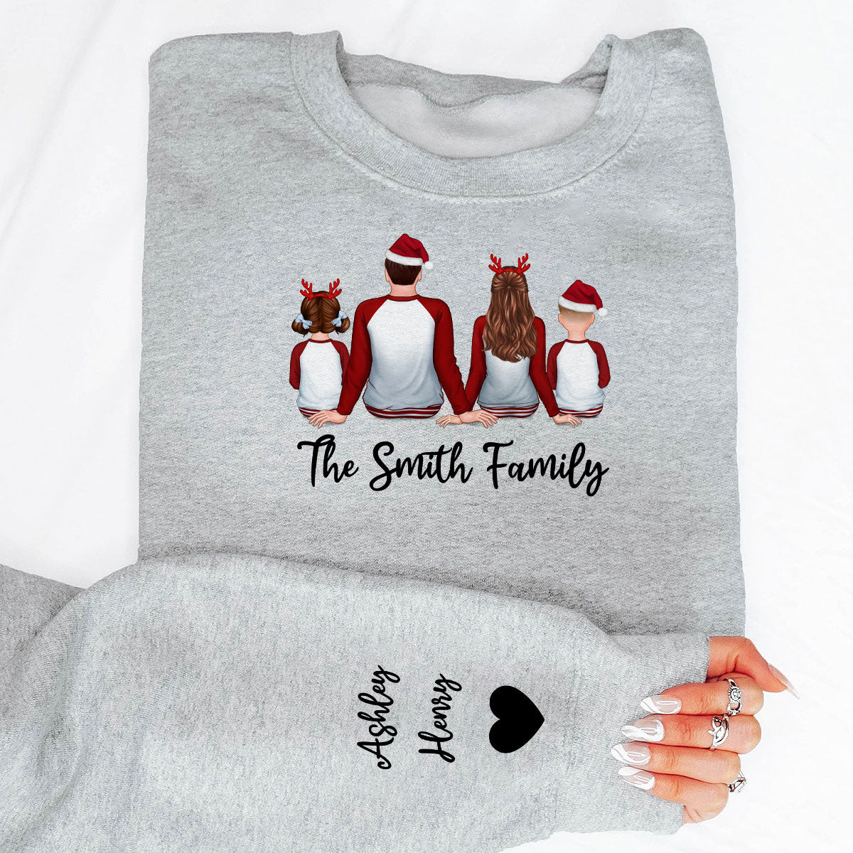 Family Sitting Pajamas Back View Personalized Sleeve Printed Sweatshirt