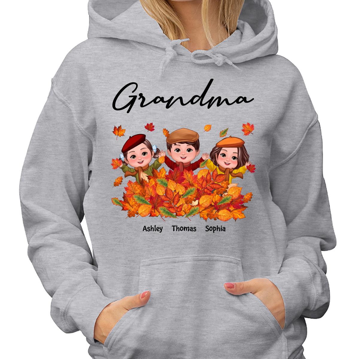 Fall Season Kids Playing In Leaf Pile Grandma Mom Personalized Shirt