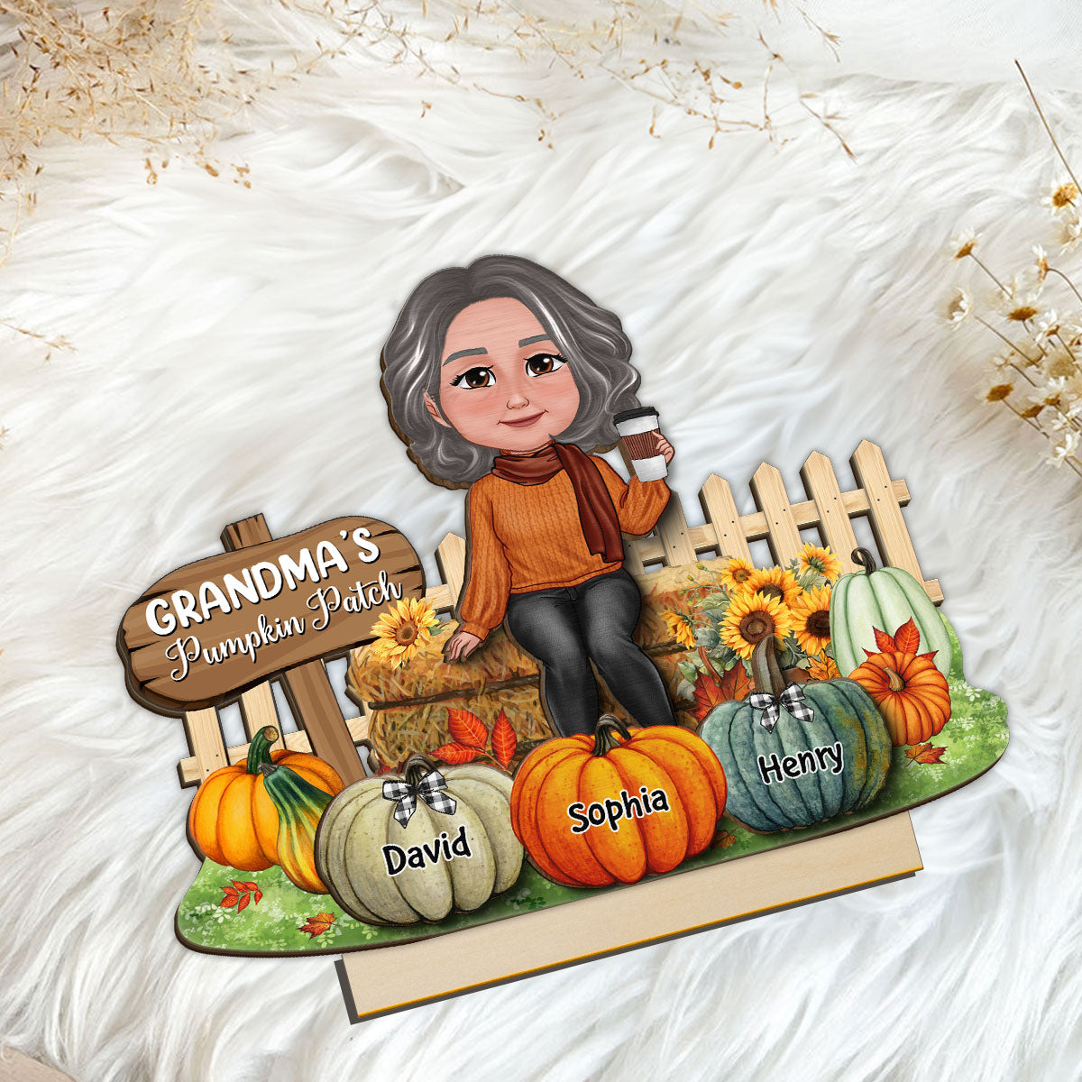 Grandma's Pumpkin Patch Fall Season Tier Tray Decor Personalized 2-Layer Standing Wooden Plaque