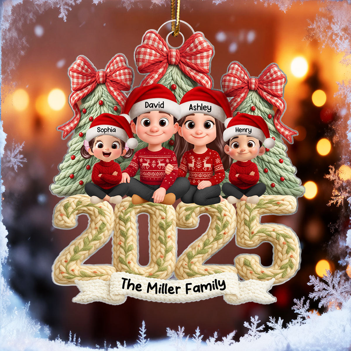 Family Sitting 2025 Latch Hook Yarn Faux - Personalized Acrylic Ornament - Christmas Gift for Family