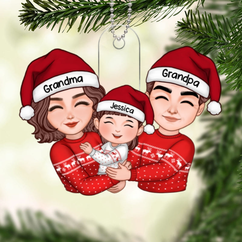 Cute Grandma Grandpa Hugging Kid Christmas Gift For Granddaughter Grandson Personalized Acrylic Ornament
