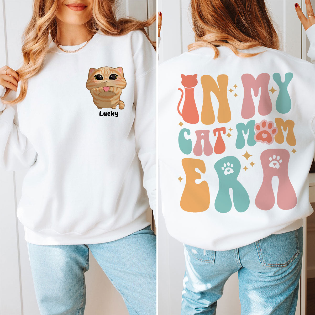 In My Cat Mom Era Gift For Cat Lover Cute Cat Looking Up Personalized Double Sided Sweatshirt