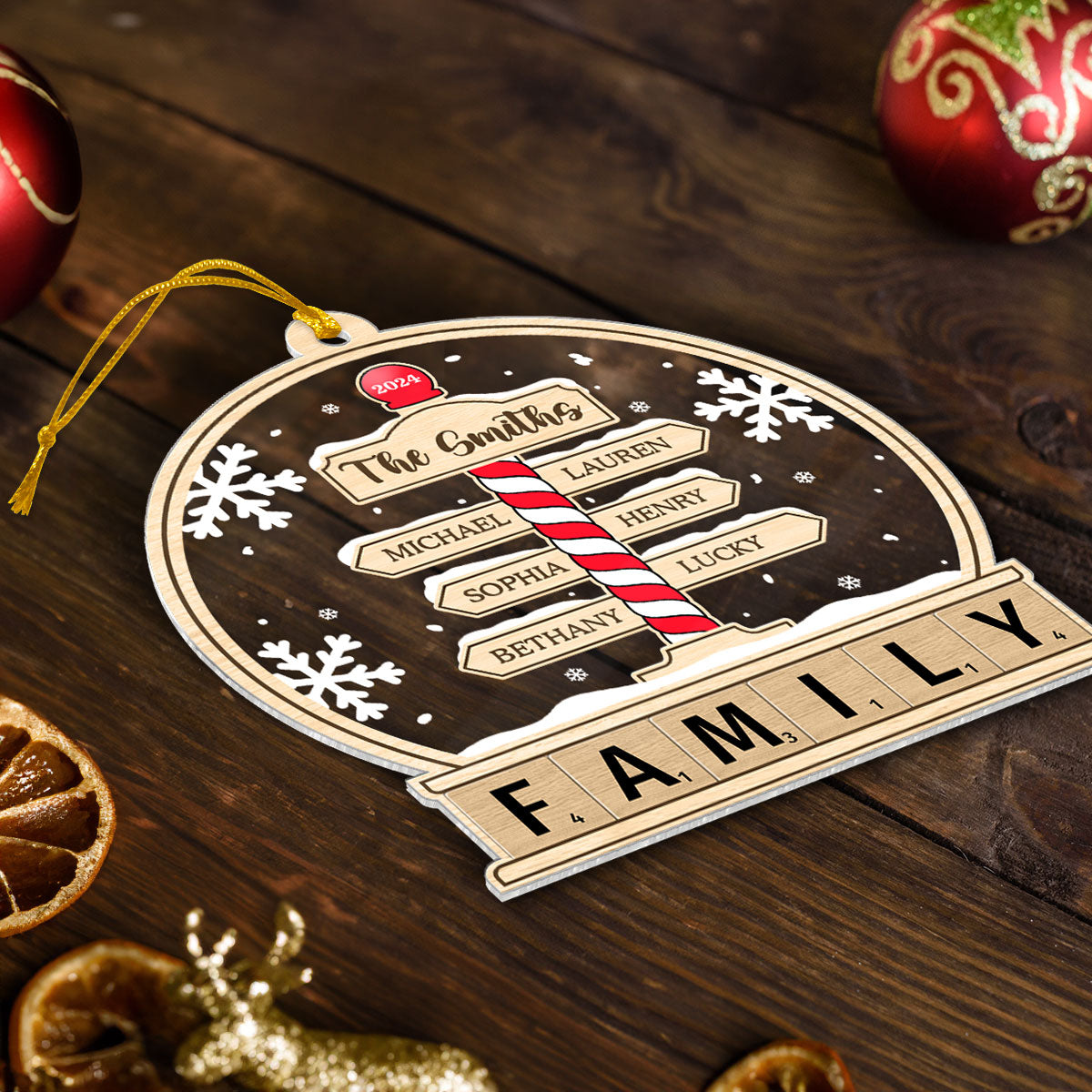 Family North Pole Sign In Snow Globe Personalized Acrylic Ornament, Christmas Gift