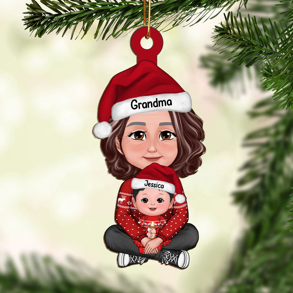 Cute Grandma Granddaughter Grandson Crossed Legs Personalized Wooden Ornament