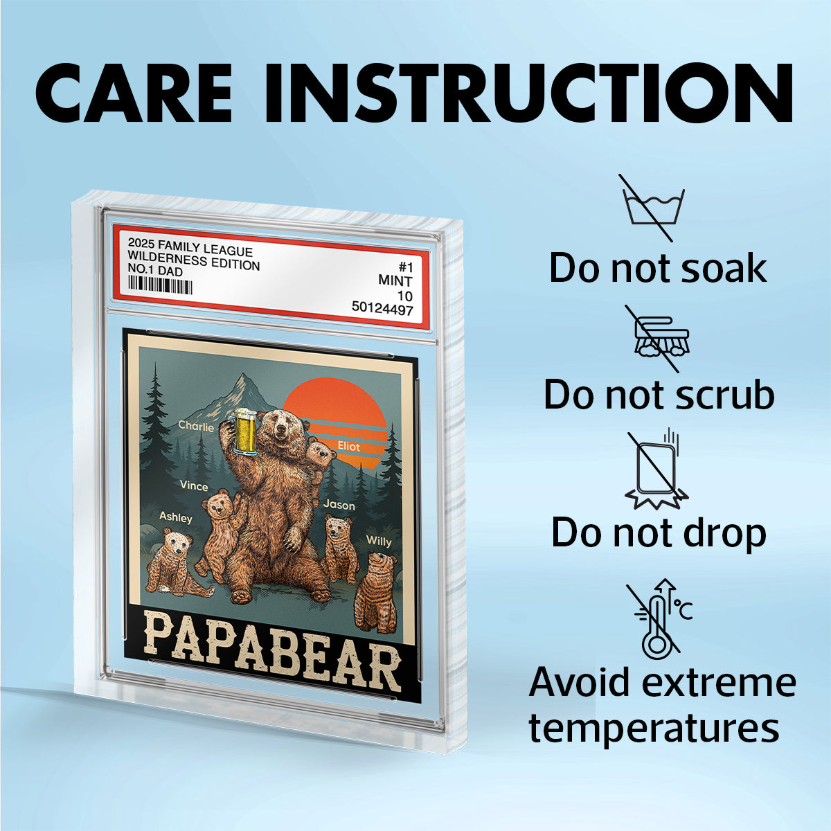 Papabear Dad & Kids Bear Retro Trading Card Style Personalized Acrylic Block Plaque