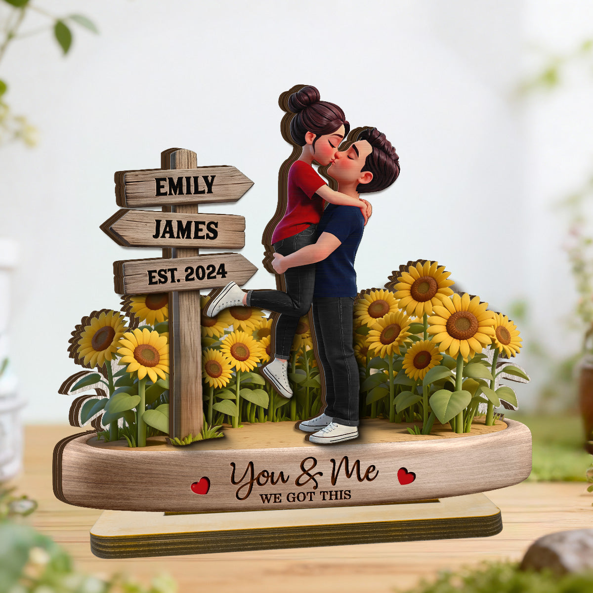 Everlasting Love Couple Hugging Kissing Sunflower Field Sign Posts - Personalized 2-Layered Wooden Plaque - Valentine's Day Gift For Couple
