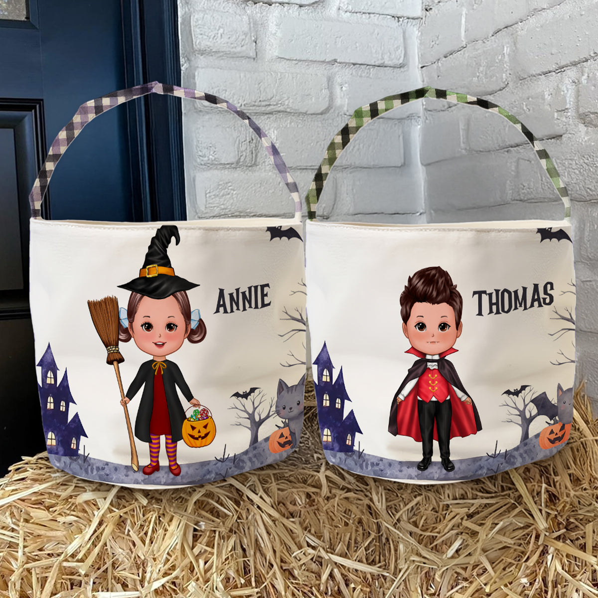 Halloween Cute Kids Characters Personalized Trick or Treat Basket, Gift for Daughter, Son, Grandkids