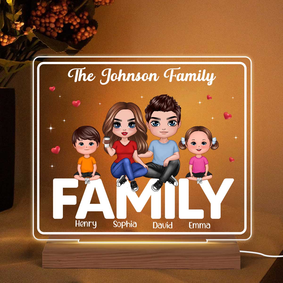 Doll Family Couple Dad Mom Kids Dogs Cats Sitting On Words Personalized Custom Shape Acrylic Plaque LED Night Light