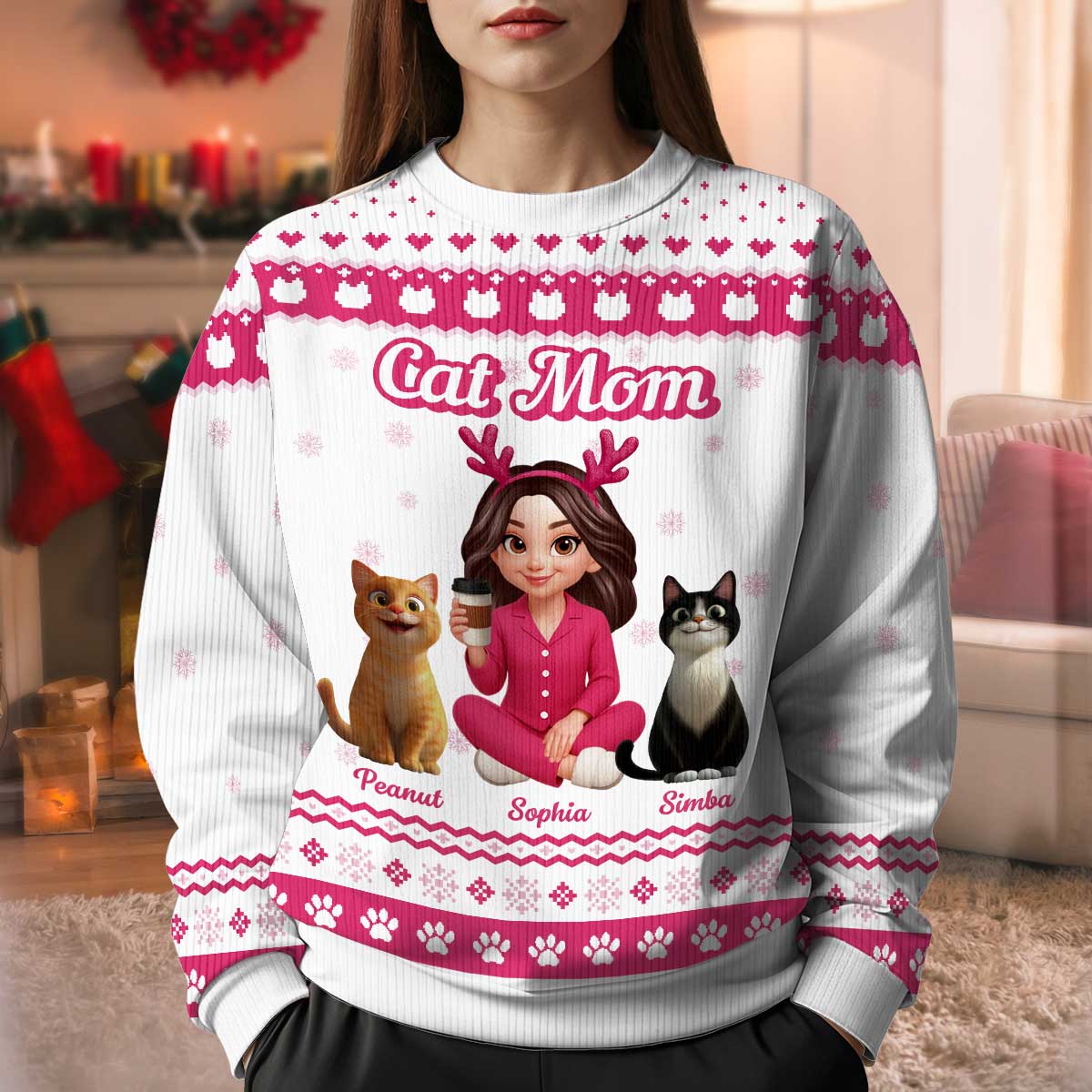 Christmas Pink Tone Cat Mom Faux Knitting Personalized Ugly Sweater