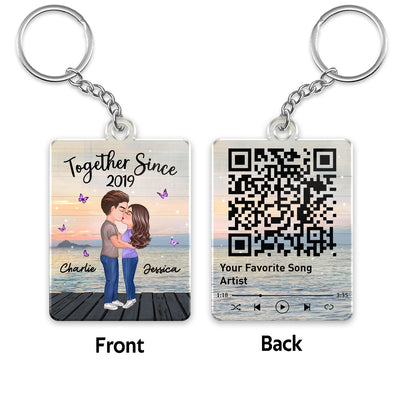 Sunset Lake View Doll Couple Kissing Favorite Song Scannable QR Code Personalized Acrylic Keychain