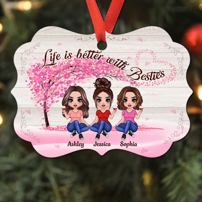 Besties Sisters Under Flying Heart Tree Personalized Christmas Ornament