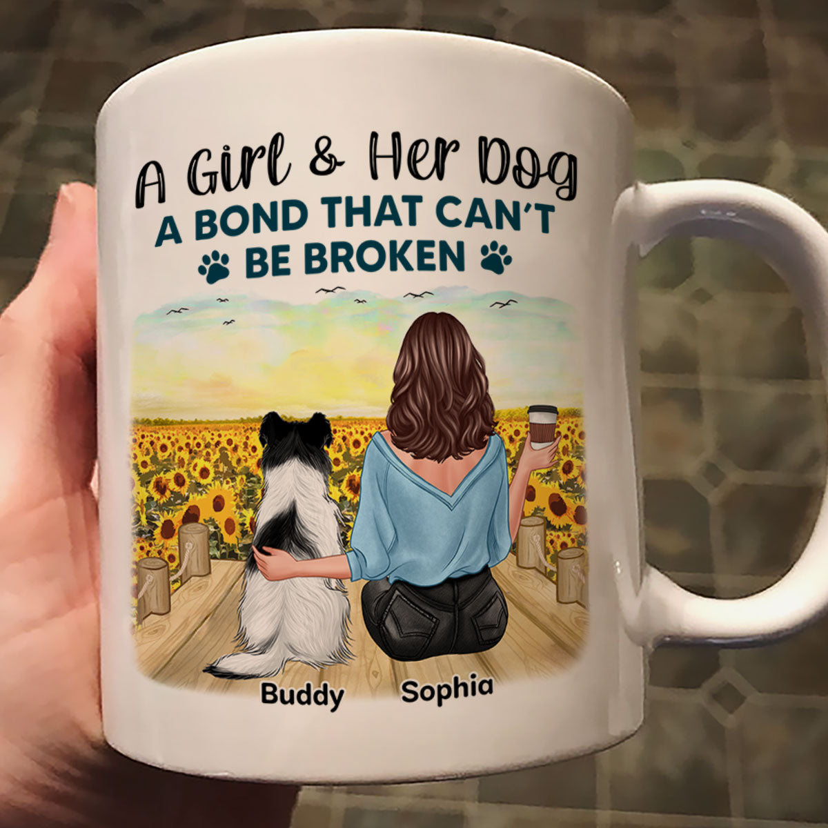 Girl & Dogs Bond Can‘t Be Broken Sunflower Field Personalized Mug