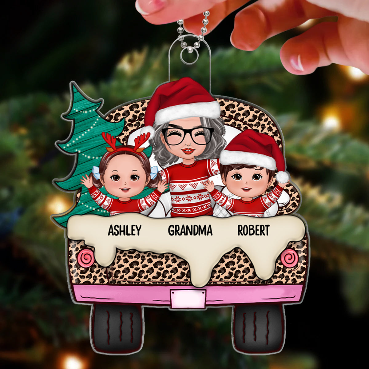 Leopard Christmas Truck Happy Doll Grandma Grankids Personalized Acrylic Ornament