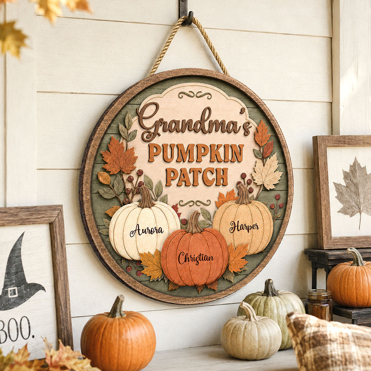 Grandma's Pumpkin Patch Vintage Style 2D Flat Printed - Personalized Door Hanger - Fall Season Decor For Grandparents