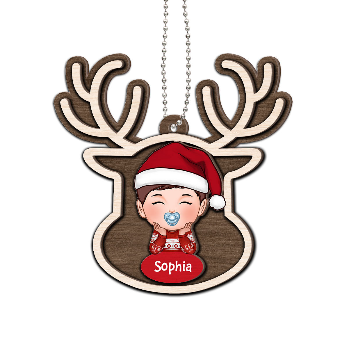 Reindeer Baby Christmas Personalized 2-Layer Wooden Ornament