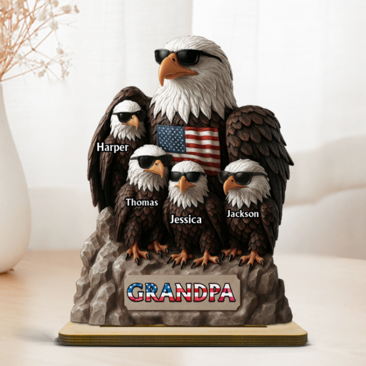 Patriotic Eagle Grandpa Dad & Kids 3D Effect Personalized Standing Wooden Plaque, Gift For Dad Grandpa