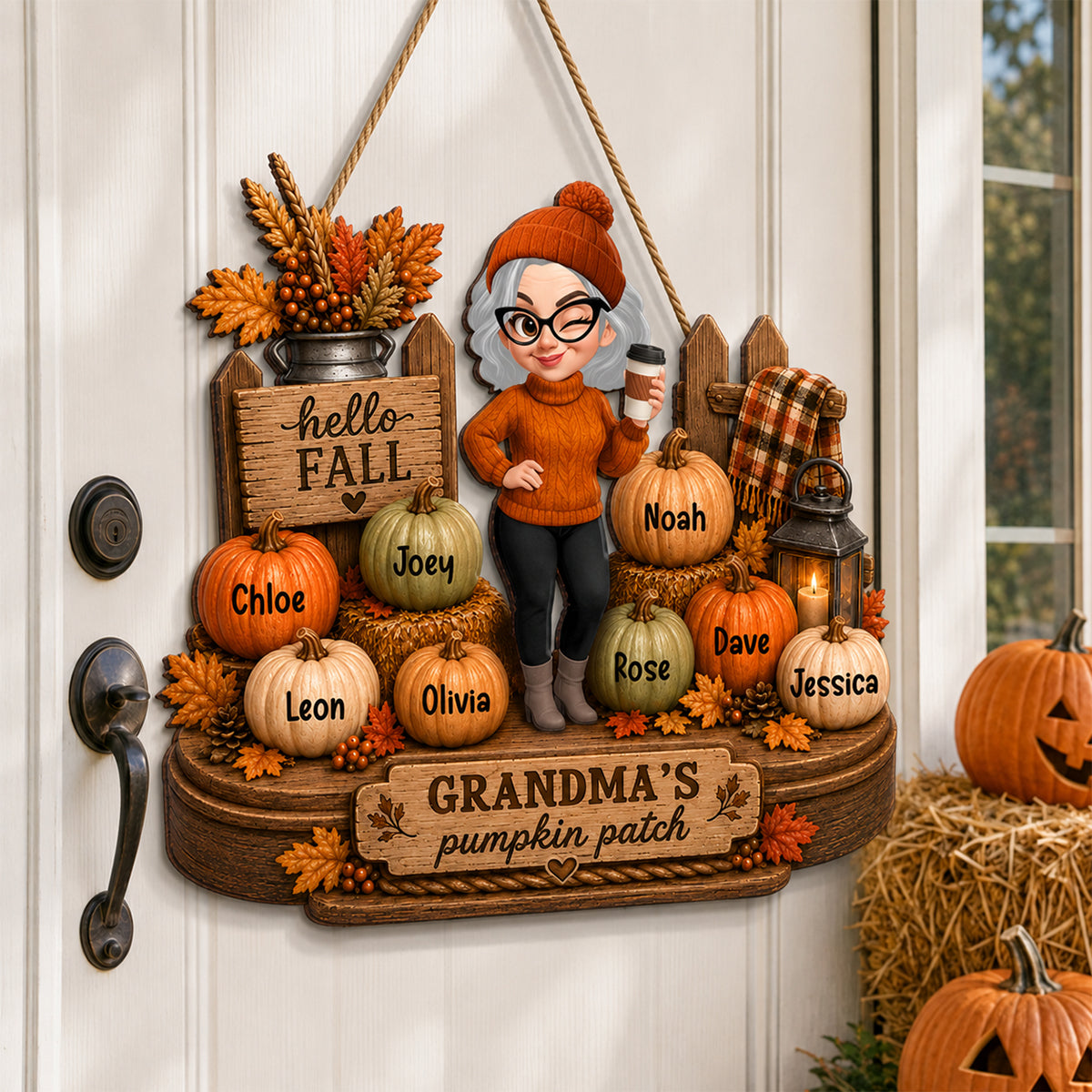 Hello Fall Grandma's Pumpkin Patch - Personalized Wooden Door Sign - Cozy Fall Decor for Grandma
