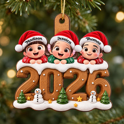 Kids on Snowy Wooden 2026 - Personalized Wooden Ornament - Christmas Gift for Family, Grandparents, Grandma