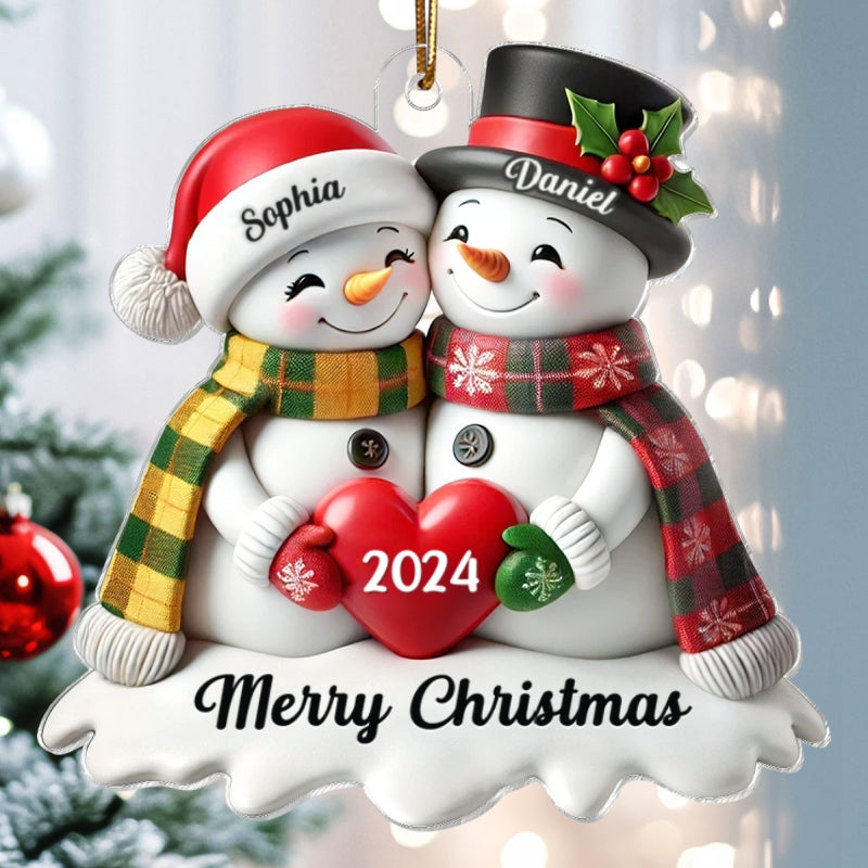3D Effect Snowmen Couple Together Christmas Personalized Acrylic Ornament, Christmas Gift For Him, For Her