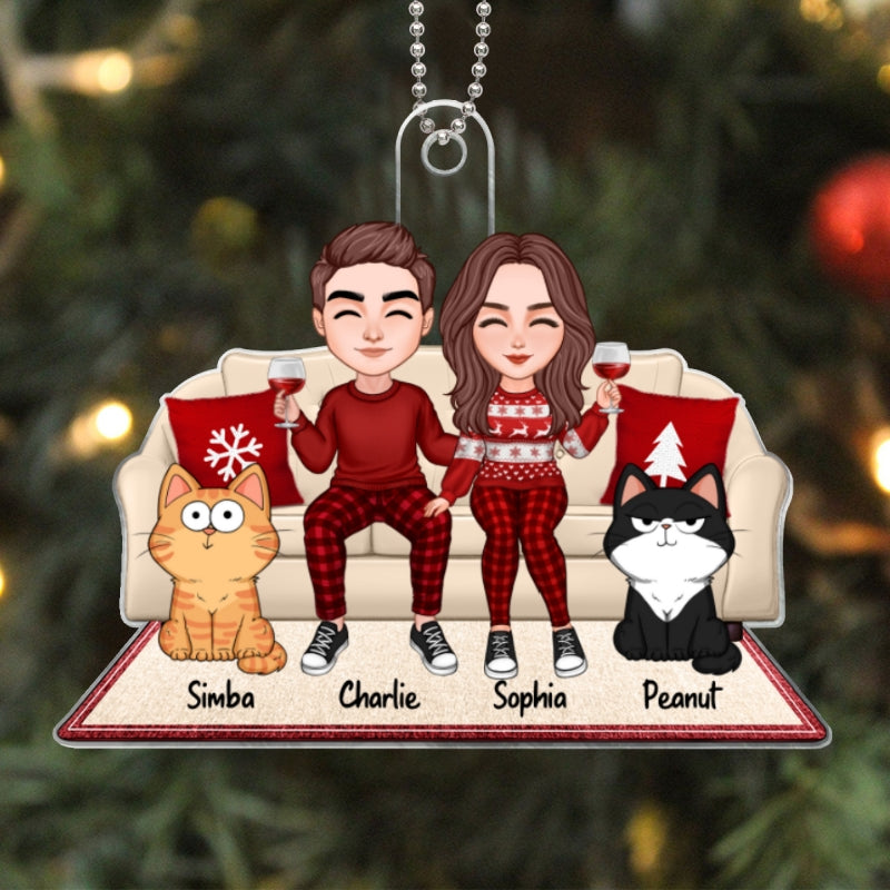 Cute Couple Sitting With Fluffy Funny Expression Cats On Christmas Sofa Personalized Acrylic Ornament