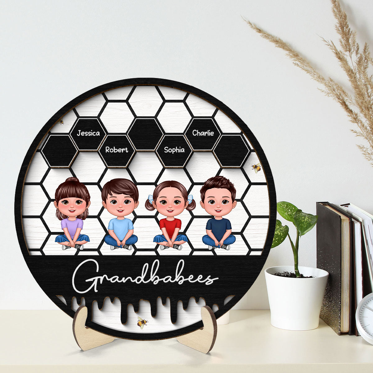 Grandbabees Crossed Legs Sitting Personalized 2-layer Wooden Plaque, Gift For Grandma