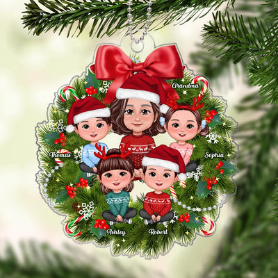 Grandma Grandkids Crossed Legs Sitting On Christmas Wreath Personalized Acrylic Ornament