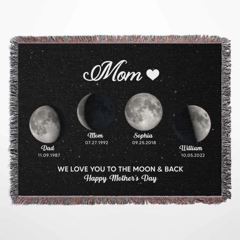 Mom Grandma Love You To The Moon And Back Moon Phase Art Personalized Tapestry Woven Blanket